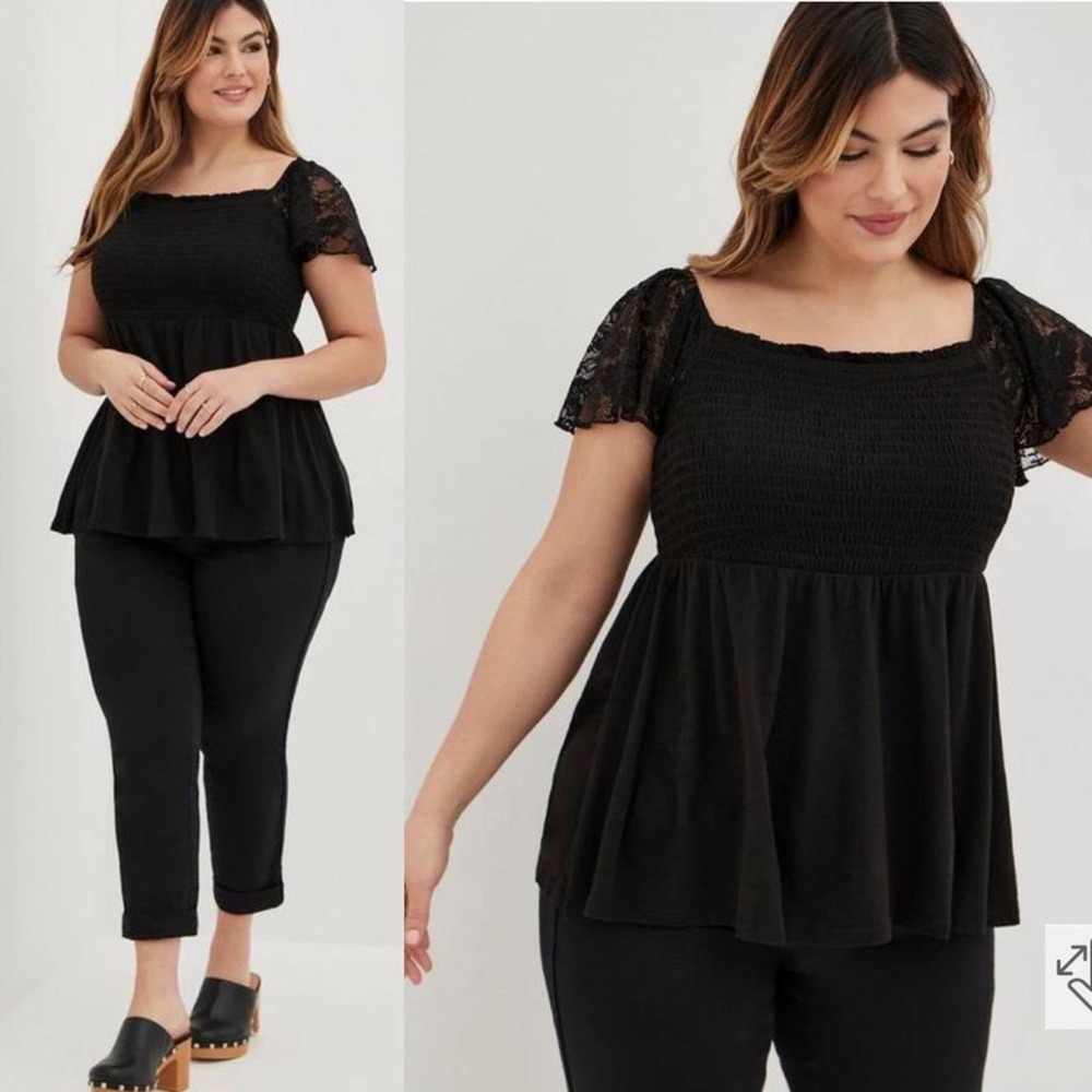 Torrid Babydoll Cotton Blend Smocked Bodice Lace Flutter Sleeve Top Plus Size 3X